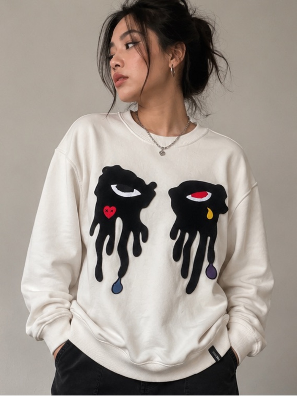 ROKU STUDIO Melting Eyes Embroidered Sweatshirt M Y2K Streetwear - Picture 3 of 10